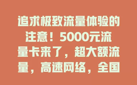 追求极致流量体验的注意！5000元流量卡来了，超大额流量，高速网络，全国大部分地区可用，物超所值，你准备好迎接极致体验了吗？