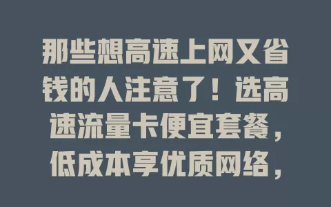 那些想高速上网又省钱的人注意了！选高速流量卡便宜套餐，低成本享优质网络，告别流量困扰，赶紧开启畅快上网之旅！