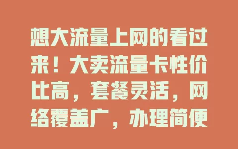 想大流量上网的看过来！大卖流量卡性价比高，套餐灵活，网络覆盖广，办理简便，选它提升上网体验又省成本，快找到适合自己的那张