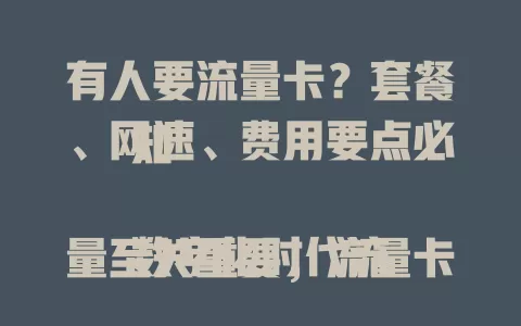有人要流量卡？套餐、网速、费用要点必知

数字化时代流量至关重要，流量卡成热门。选流量卡要关注套餐类型，按需选通用或定向；看重网速，大品牌更稳；留意费用，算好明细。掌握这些要点，挑到适合的卡畅游网络