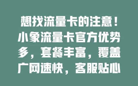 想找流量卡的注意！小象流量卡官方优势多，套餐丰富，覆盖广网速快，客服贴心，用户评价高