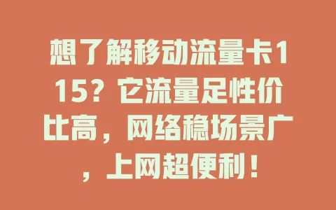 想了解移动流量卡115？它流量足性价比高，网络稳场景广，上网超便利！