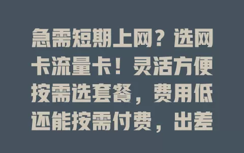 急需短期上网？选网卡流量卡！灵活方便按需选套餐，费用低还能按需付费，出差旅行办公必备，畅享便捷，选正规商依需求挑套餐