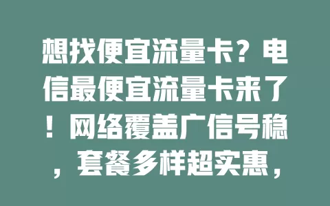 想找便宜流量卡？电信最便宜流量卡来了！网络覆盖广信号稳，套餐多样超实惠，流量质量优，服务周到无烦恼，省钱又畅享网络，速来了解！