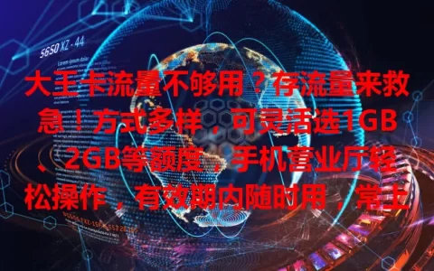 大王卡流量不够用？存流量来救急！方式多样，可灵活选1GB、2GB等额度，手机营业厅轻松操作，有效期内随时用，常上网玩游戏的大王卡用户别错过！