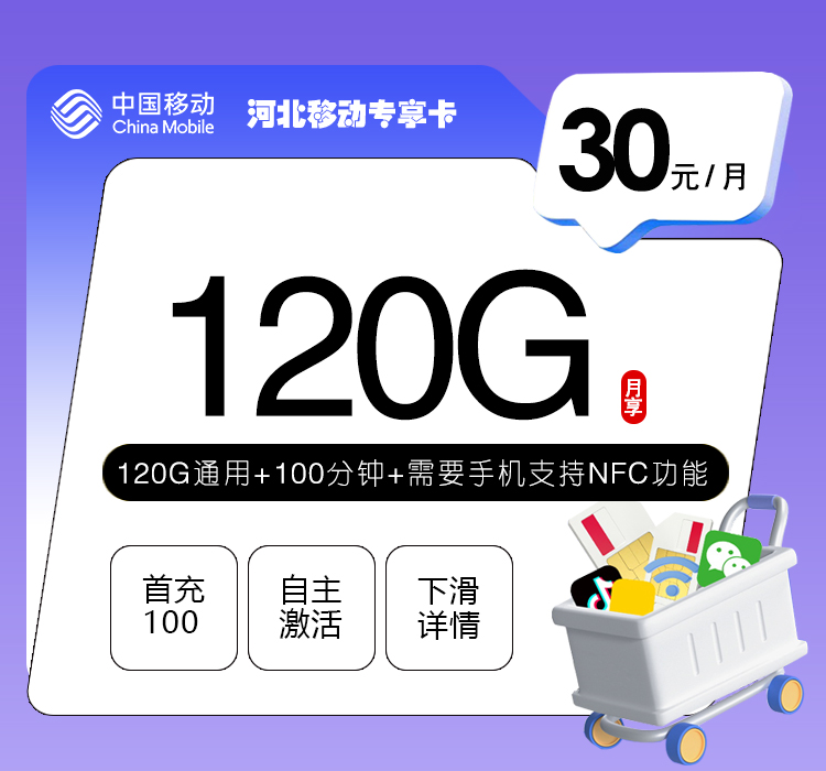移动河北专享卡③30元/月120G流量+100分钟通话
