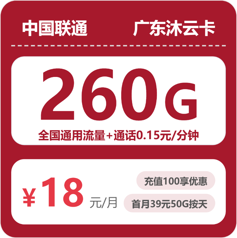 联通广东沐云卡18元/月260G流量+通话0.15元/分钟