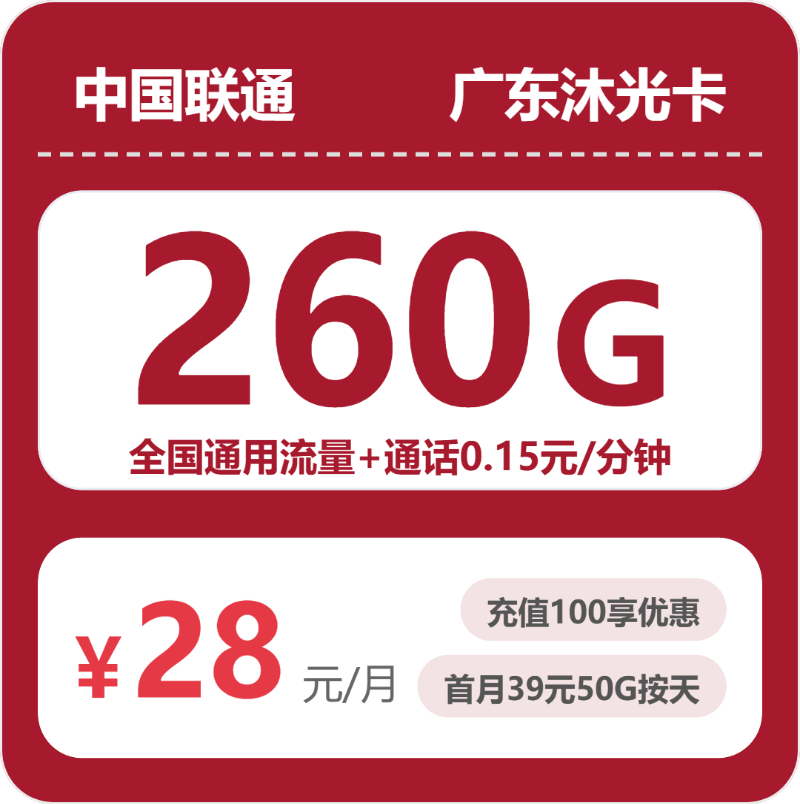联通广东沐光卡28元/月260G流量+通话0.15元/分钟