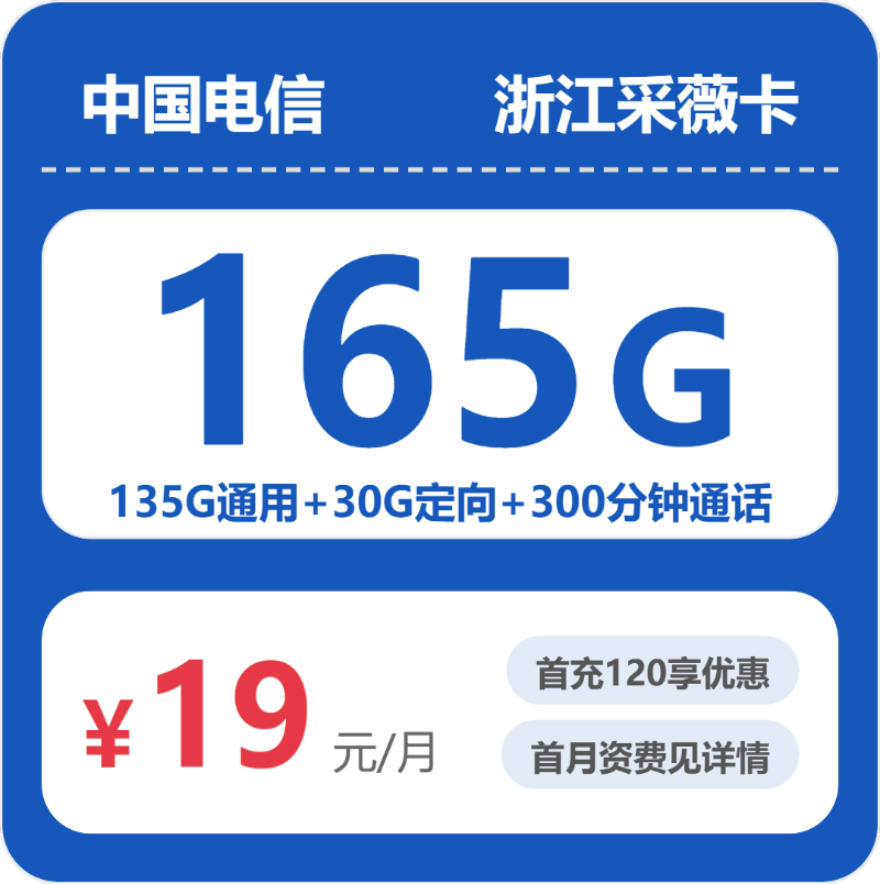 电信浙江采薇卡②19元/月165G流量+300分钟通话
