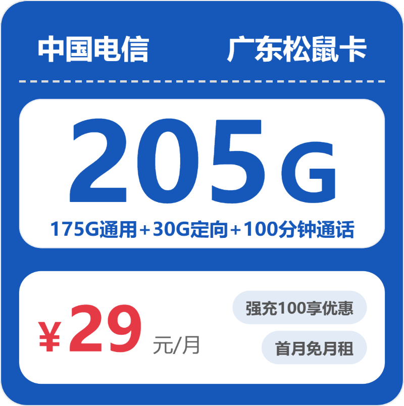 电信广东松鼠卡29元/月205G流量+100分钟通话