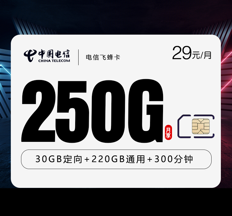 电信飞蜂卡②29元/月250G流量+300分钟通话