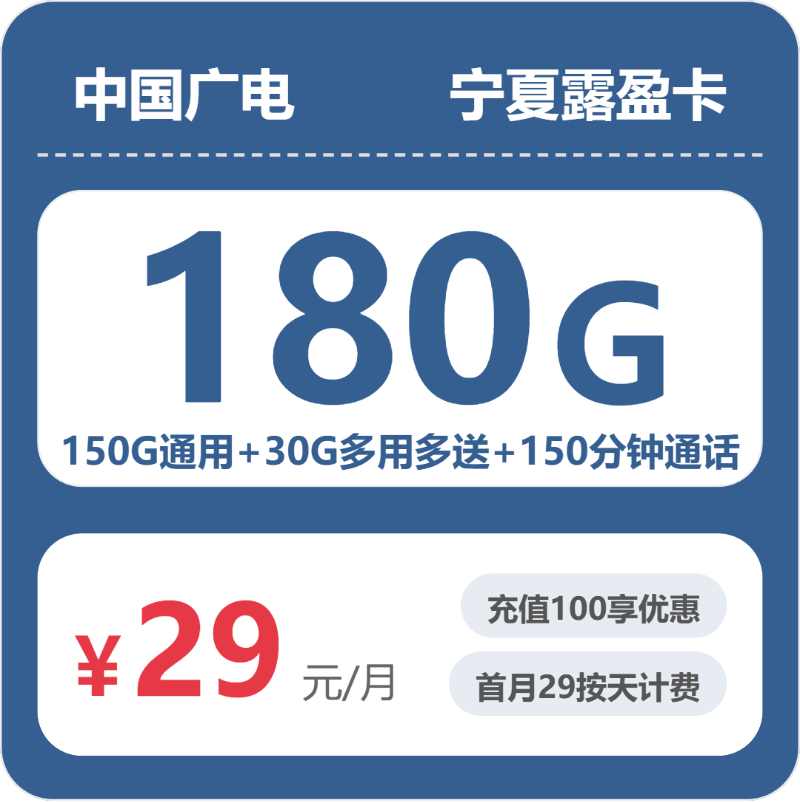 广电宁夏露盈卡29元/月180G流量+150分钟通话