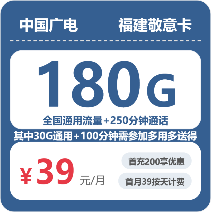 广电福建敬意卡②39元/月180G流量+250分钟通话