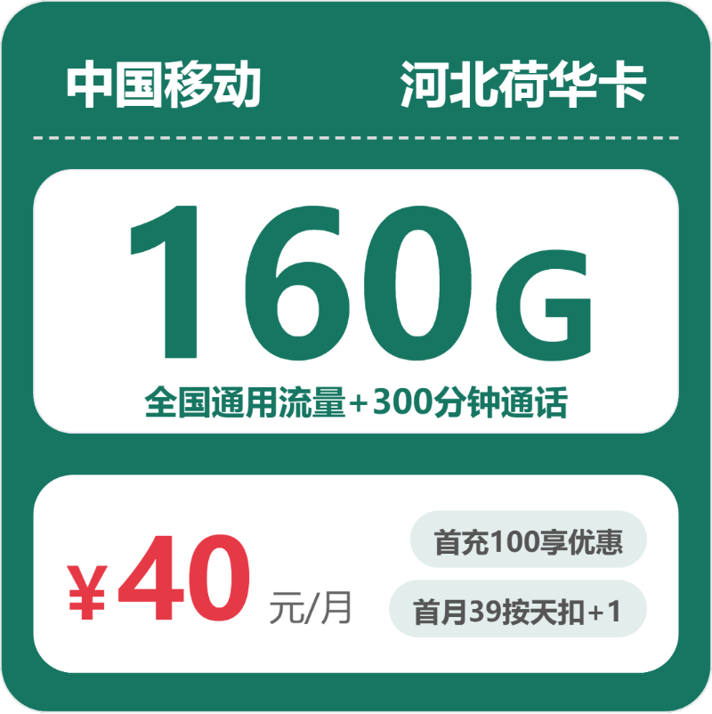 移动河北荷华卡40元/月160G流量+300分钟通话
