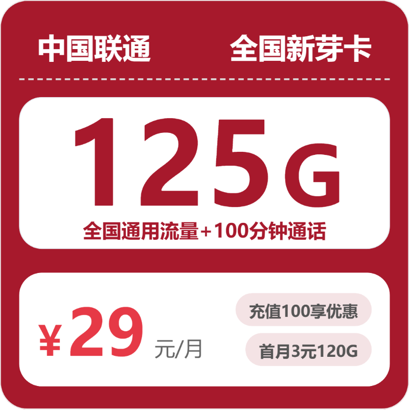 联通全国新芽卡29元/月125G流量+100分钟通话