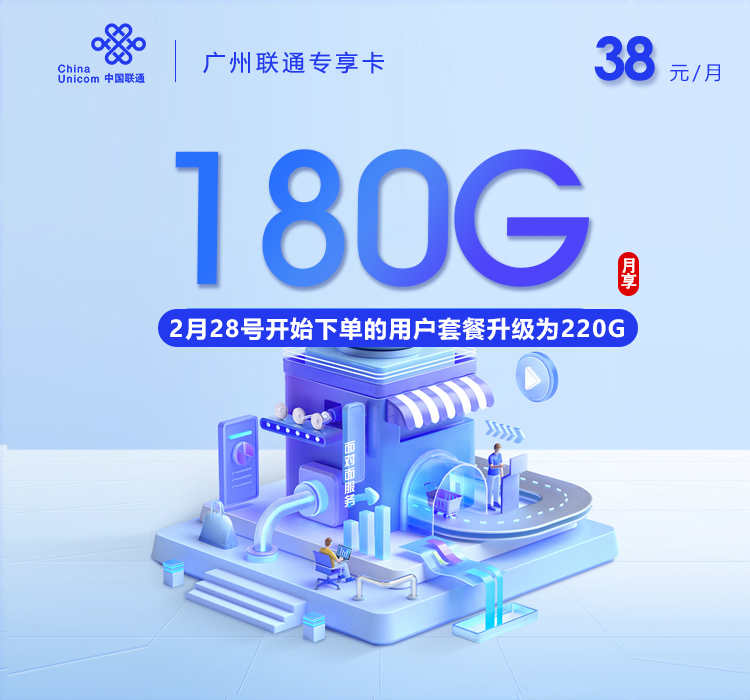 联通广州专享卡38元/月180G流量+通话0.15元/分钟