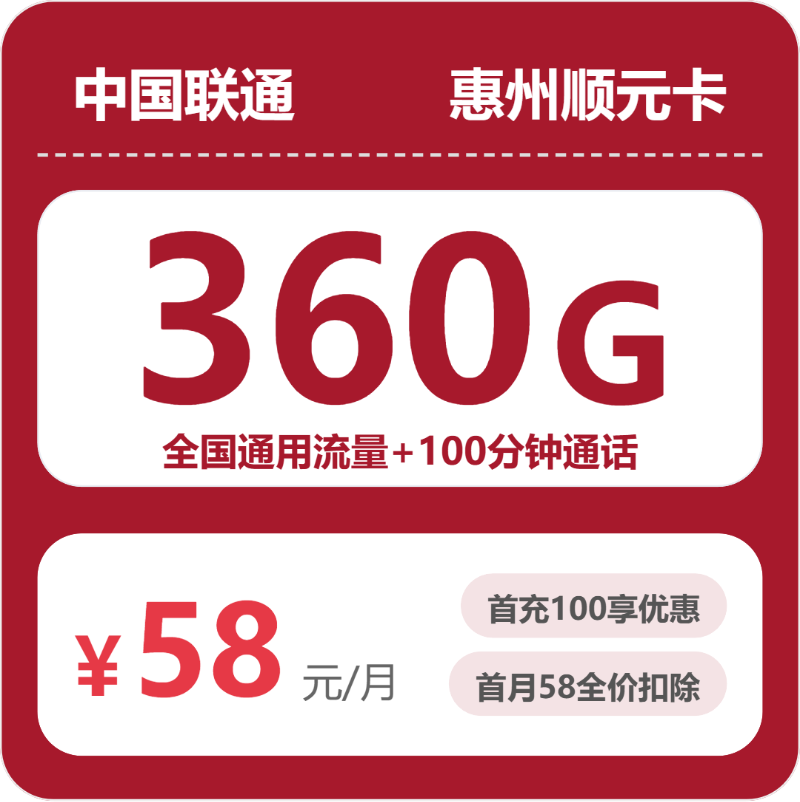 联通惠州顺元卡58元/月360G流量+100分钟通话