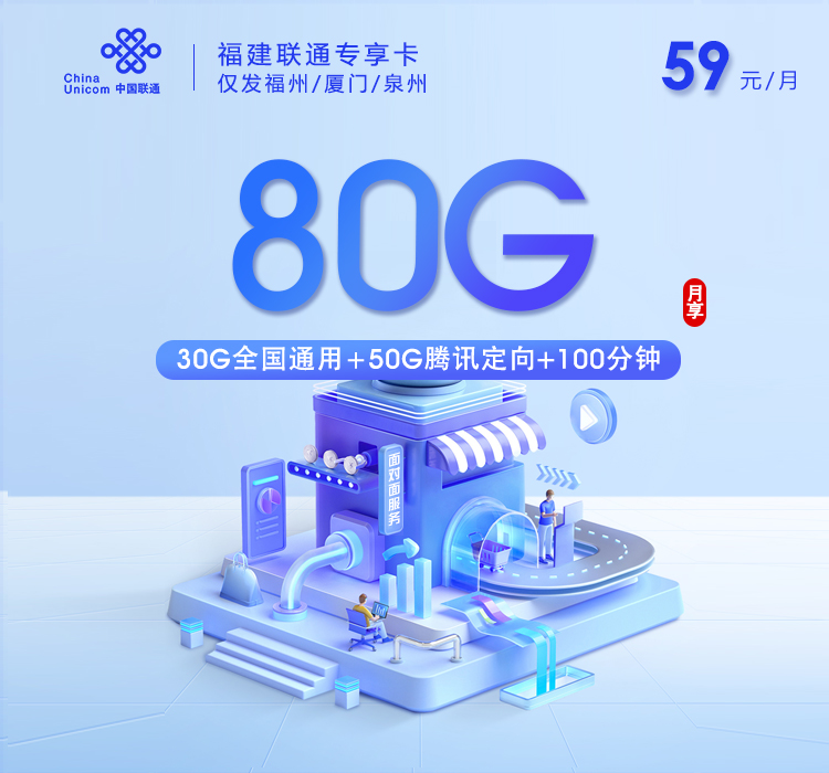 2026年5月11日流量卡精选套餐：联通福建专享卡59元/月80G流量+100分钟通话