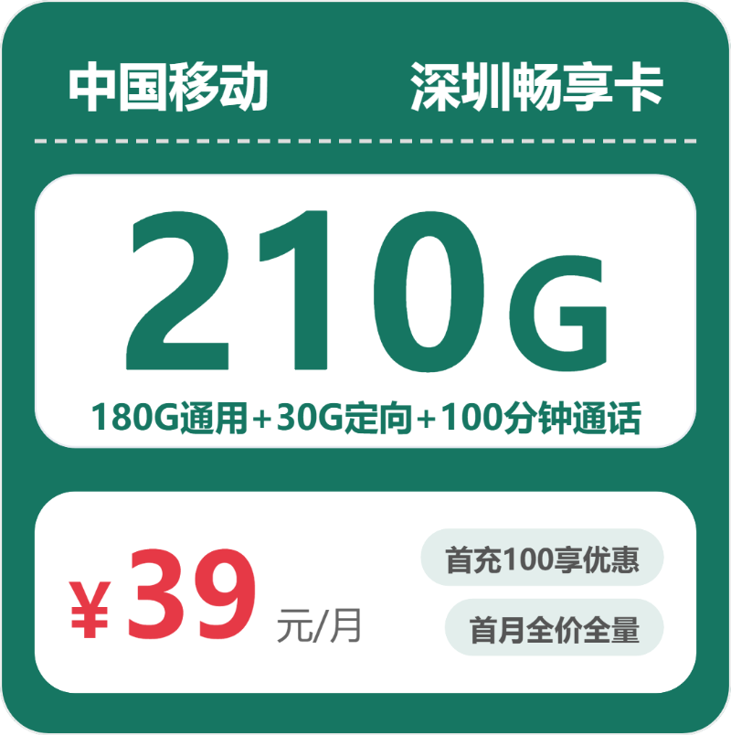 2026年5月12日流量卡套餐测评：移动深圳畅享卡②39元/月210G流量+100分钟通话